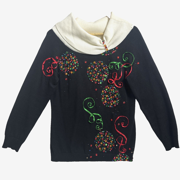 Vtg Christmas Sweater Ornaments Beaded Sequins Ribbon Black White S/M Holiday - Picture 1 of 14